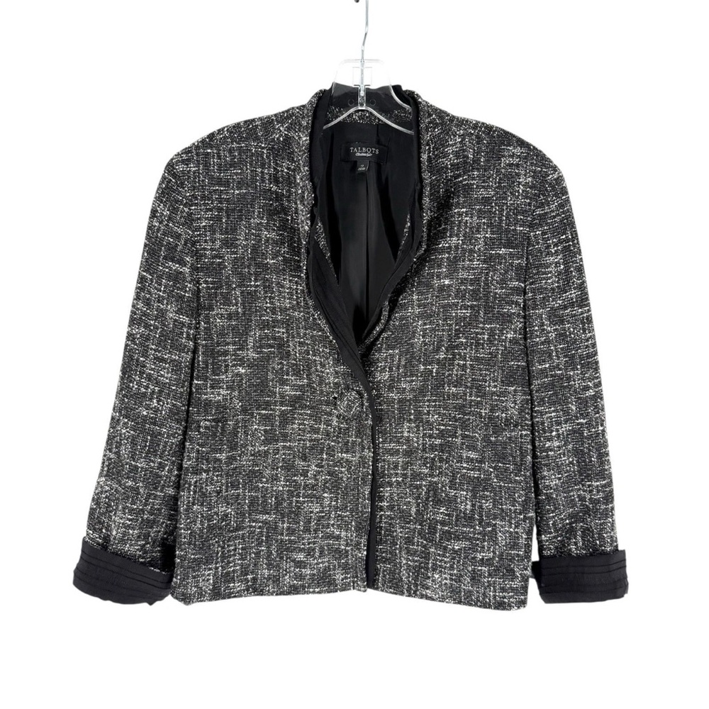 Talbots Tweed Blazer Womens Size 12 Black Ruffle Accent Single Button Jacket